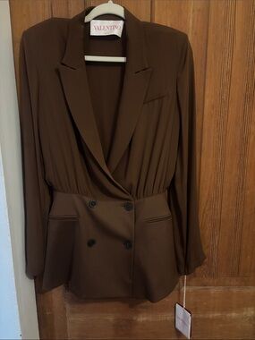Valentino Brown Double-Breasted Draped Blazer Jacket